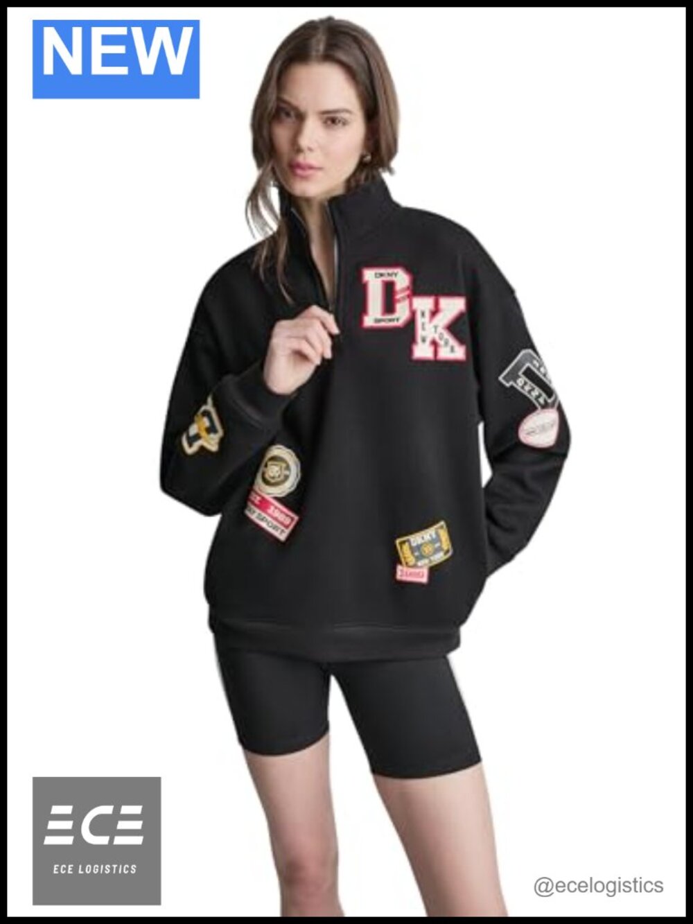 DKNY Campus Patch Oversized Quarter Zip Pullover Sweatshirt